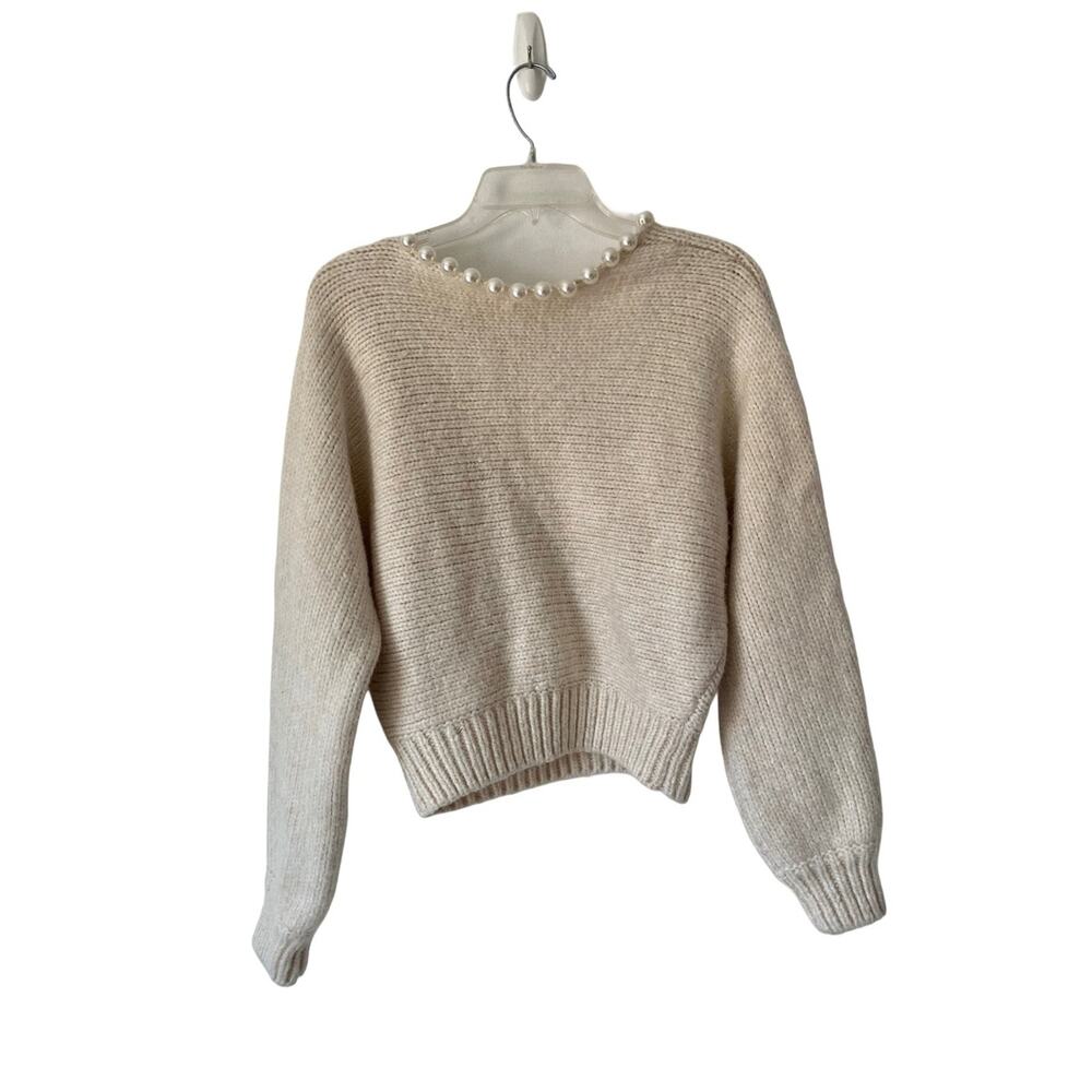 Zara Pearl-Trim V-Neck Cream Sweater -Women's Knit Pullover size large - Picture 2 of 5